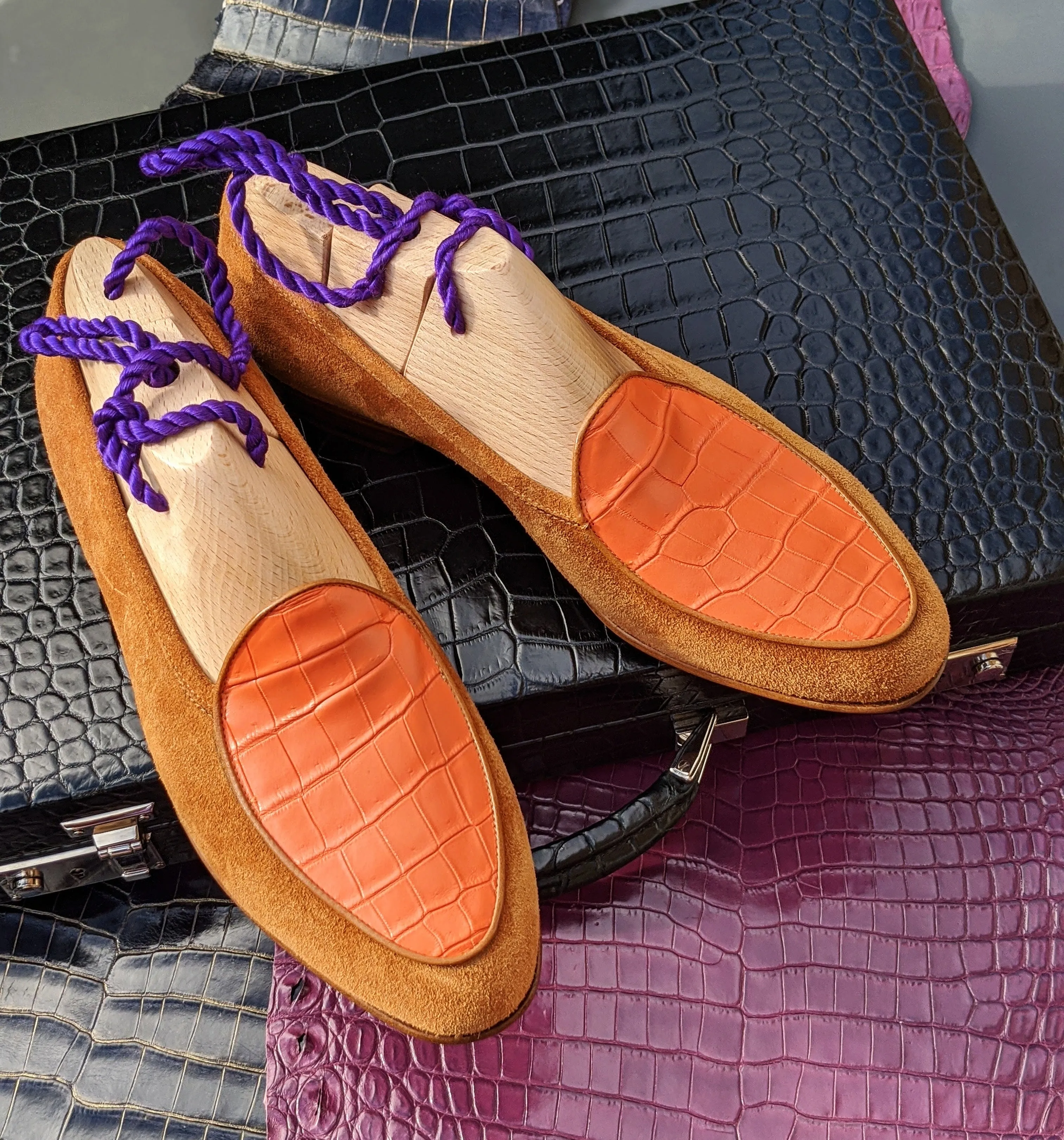 Belgian Loafer - Tan Suede & Orange Crocodile