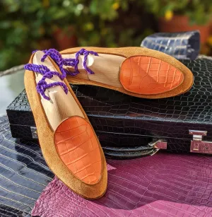 Belgian Loafer - Tan Suede & Orange Crocodile