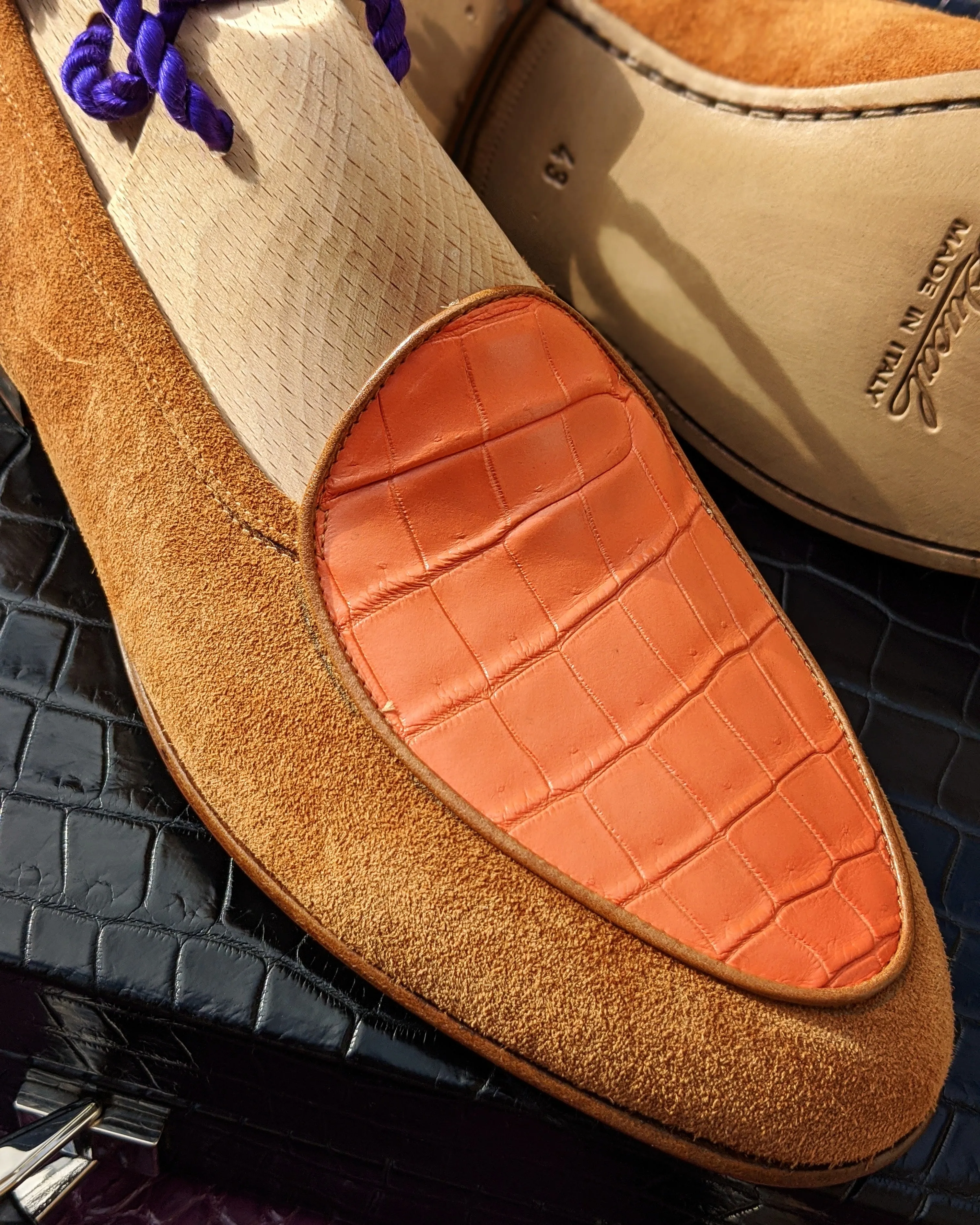 Belgian Loafer - Tan Suede & Orange Crocodile