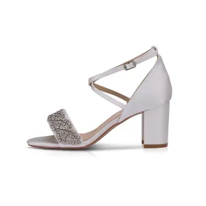 Block Heel Wedding Sandal Ivory Satin with Diamantés, Blaire