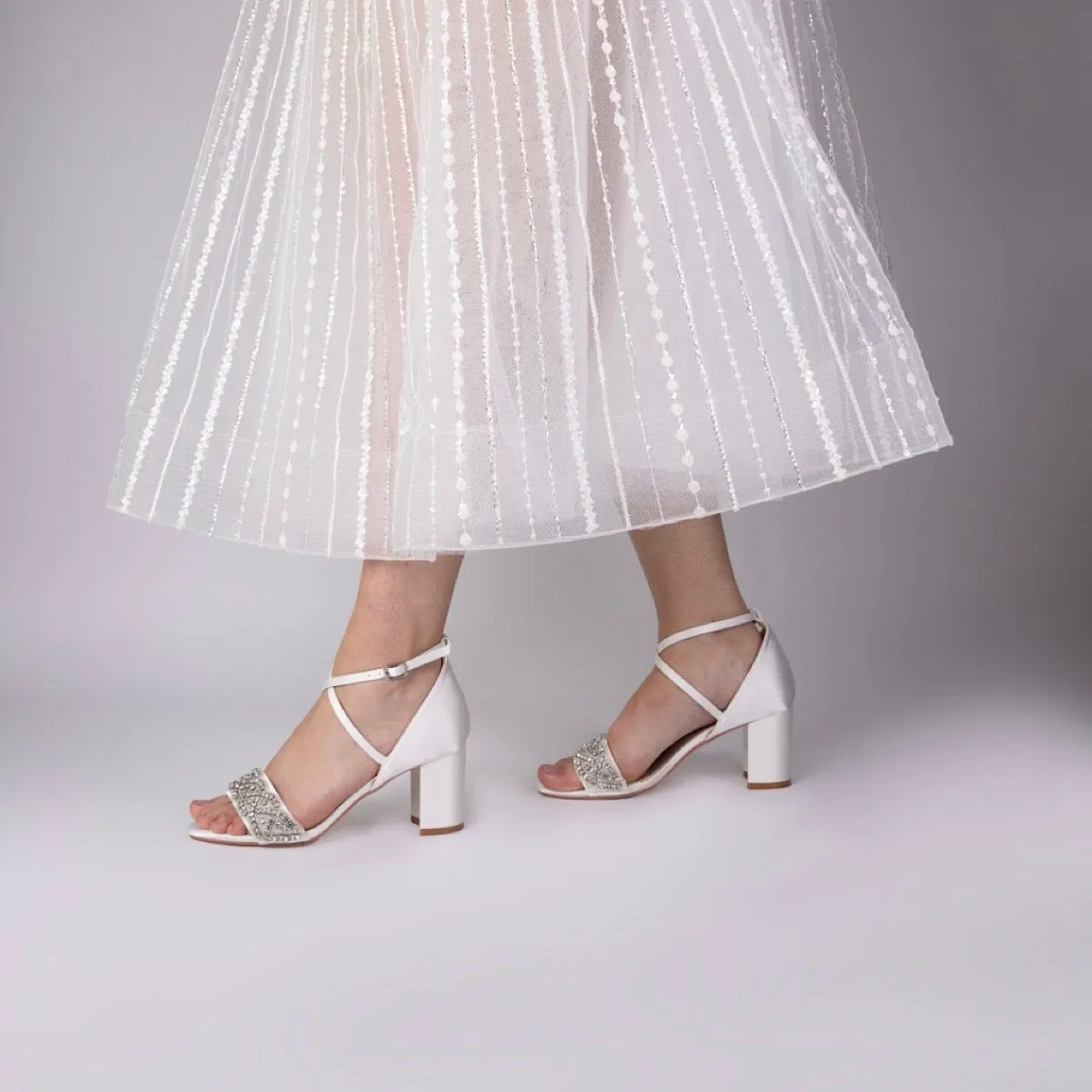 Block Heel Wedding Sandal Ivory Satin with Diamantés, Blaire