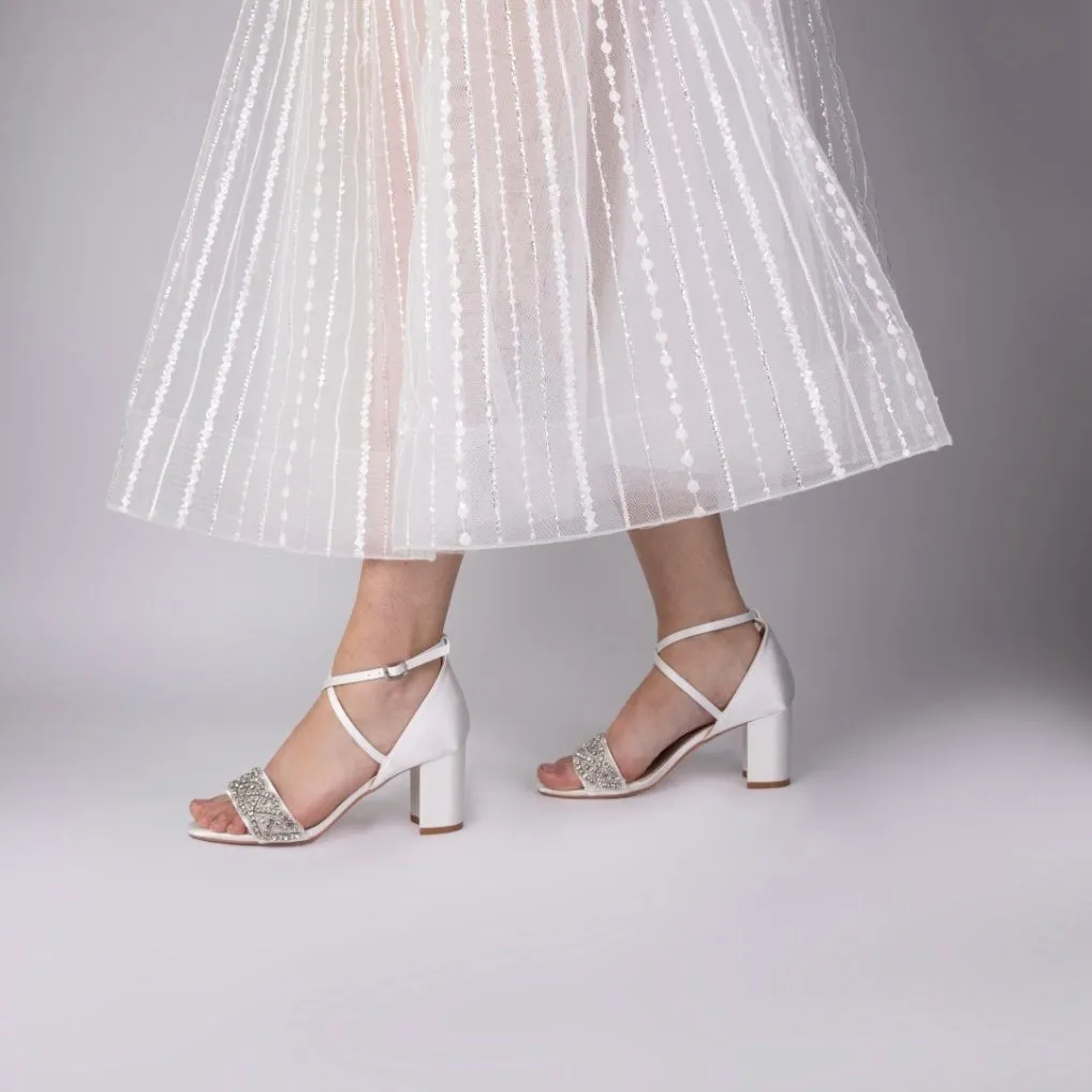 Block Heel Wedding Sandal Ivory Satin with Diamantés, Blaire