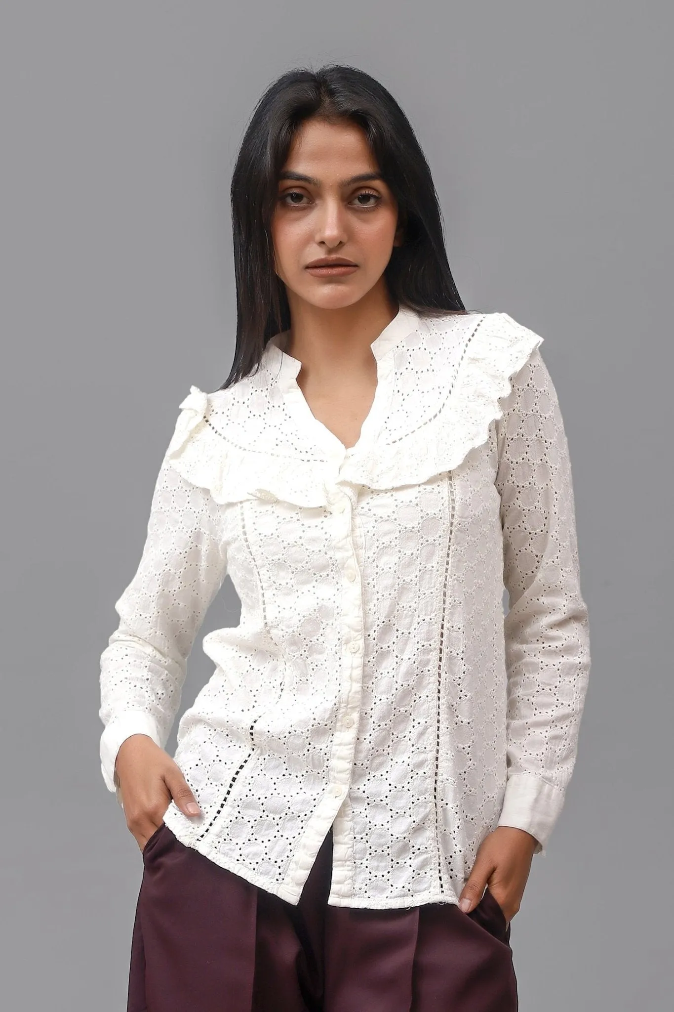 Bluebird Women Self Design Cotton Schiffli Gathered Top