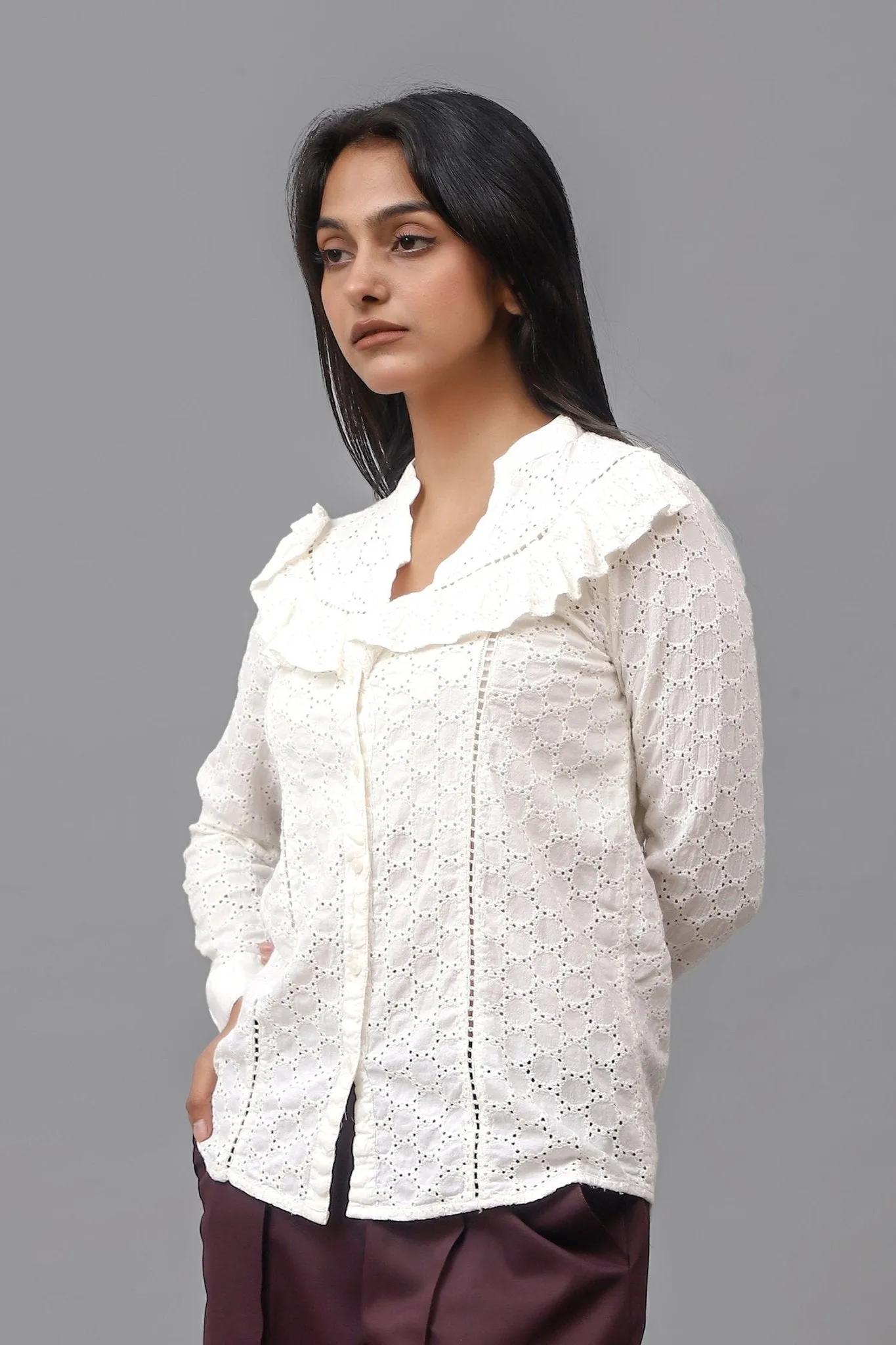 Bluebird Women Self Design Cotton Schiffli Gathered Top