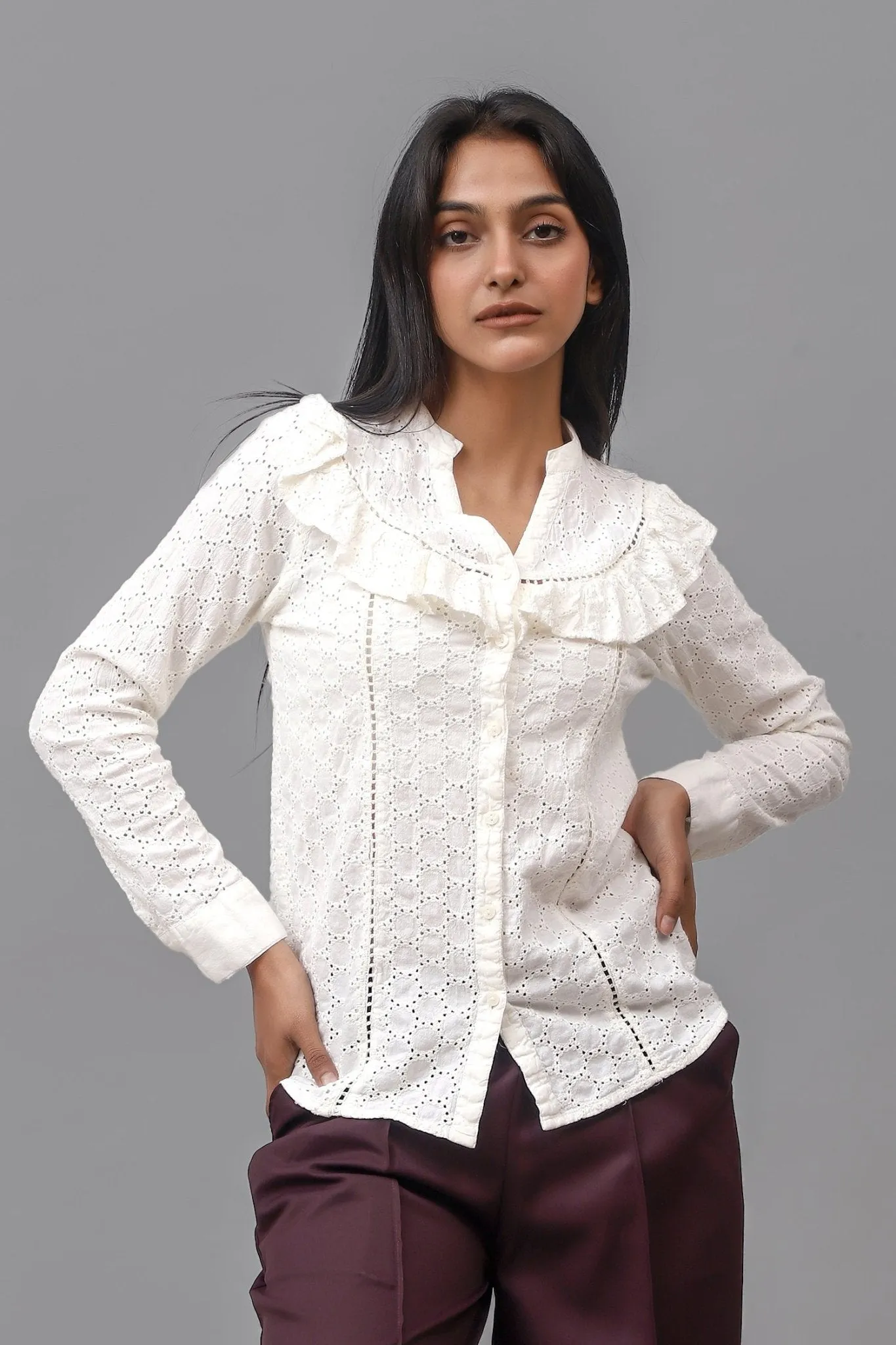 Bluebird Women Self Design Cotton Schiffli Gathered Top