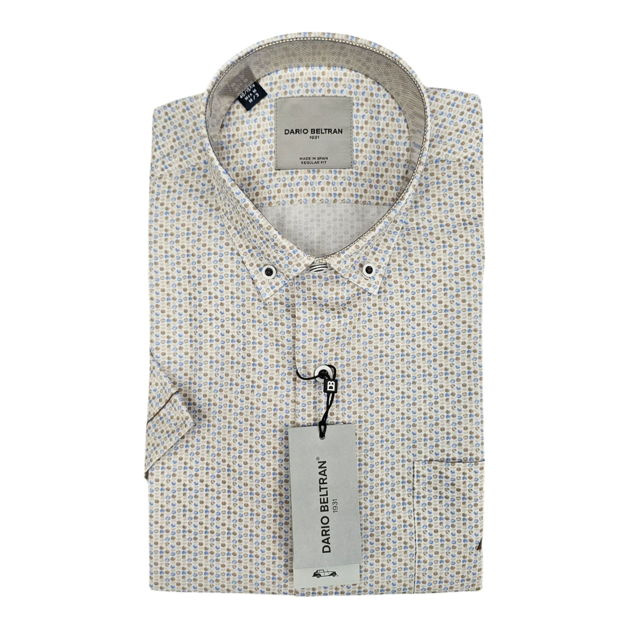 Dario Beltran Almazul 380 Beige Blue Patterned Short Sleeve Shirt