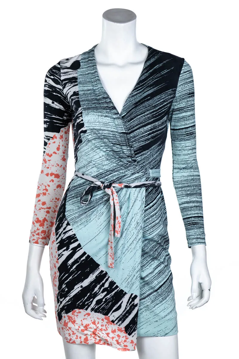 Diane von Furstenberg Aqua Graphic Print Silk Jersey Valencia Wrap Dress Size XXS | US 0