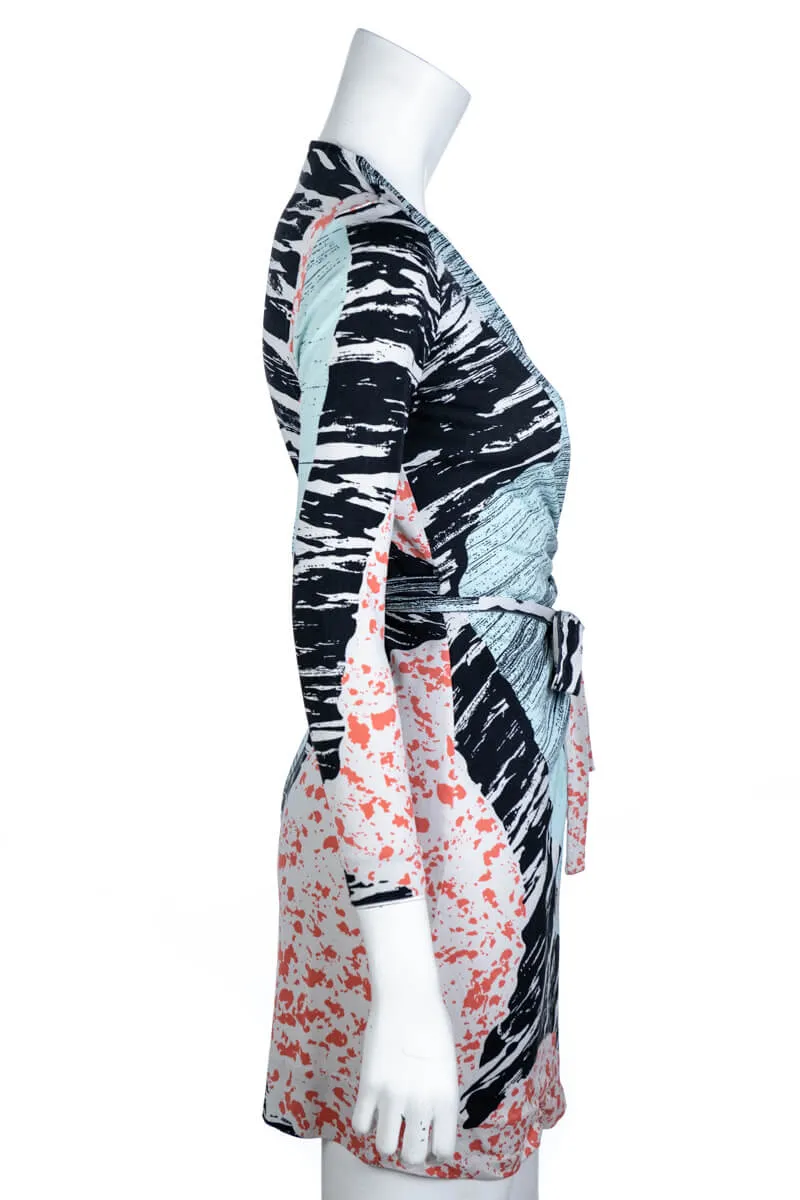 Diane von Furstenberg Aqua Graphic Print Silk Jersey Valencia Wrap Dress Size XXS | US 0