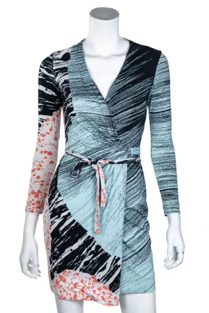 Diane von Furstenberg Aqua Graphic Print Silk Jersey Valencia Wrap Dress Size XXS | US 0