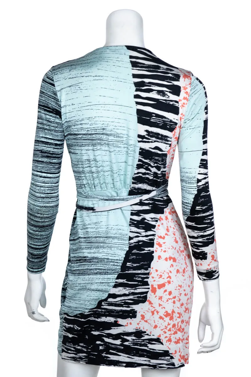 Diane von Furstenberg Aqua Graphic Print Silk Jersey Valencia Wrap Dress Size XXS | US 0