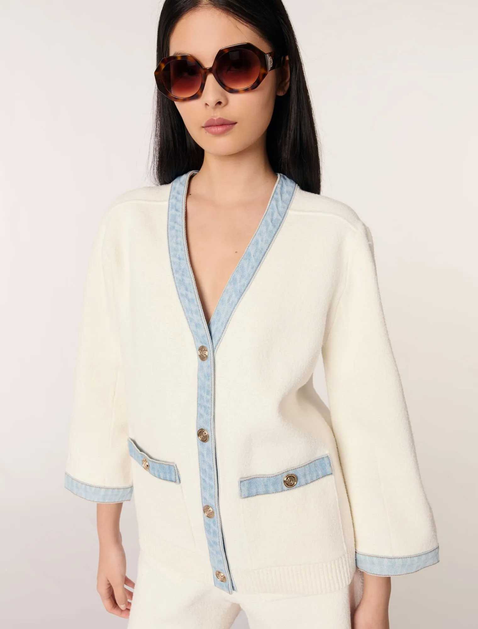 Long cardigan with denim details