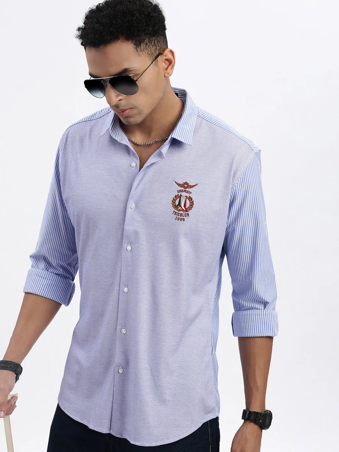 Men Blue Spread Collar Vertical Striped Slim Fit Shirt