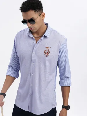 Men Blue Spread Collar Vertical Striped Slim Fit Shirt
