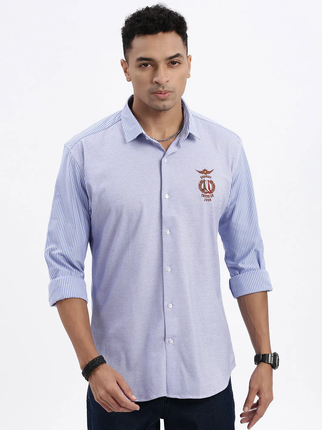 Men Blue Spread Collar Vertical Striped Slim Fit Shirt