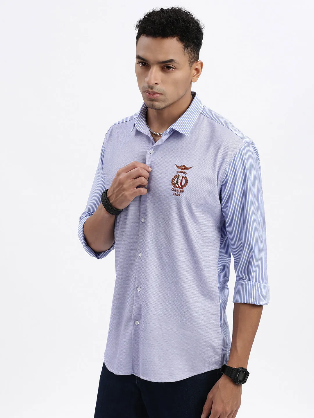 Men Blue Spread Collar Vertical Striped Slim Fit Shirt