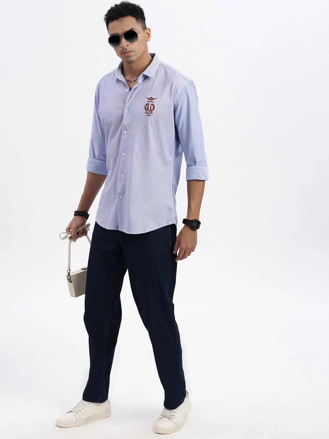 Men Blue Spread Collar Vertical Striped Slim Fit Shirt
