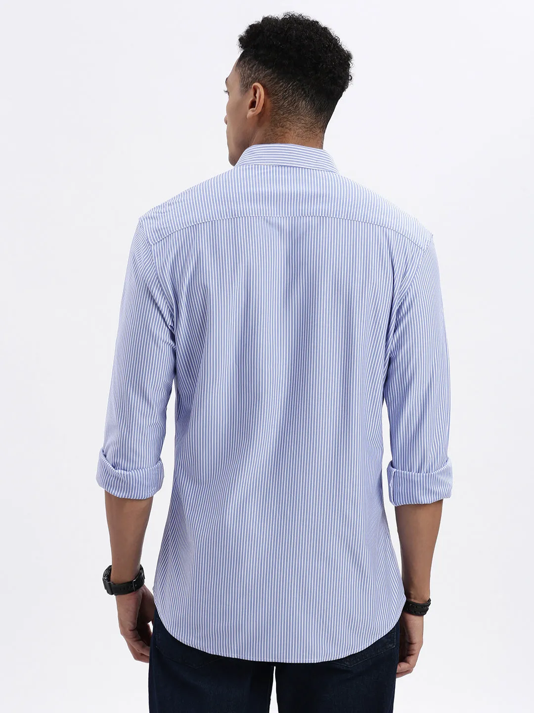 Men Blue Spread Collar Vertical Striped Slim Fit Shirt