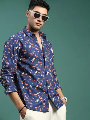 Men Floral Prints Blue Slim Fit Shirt