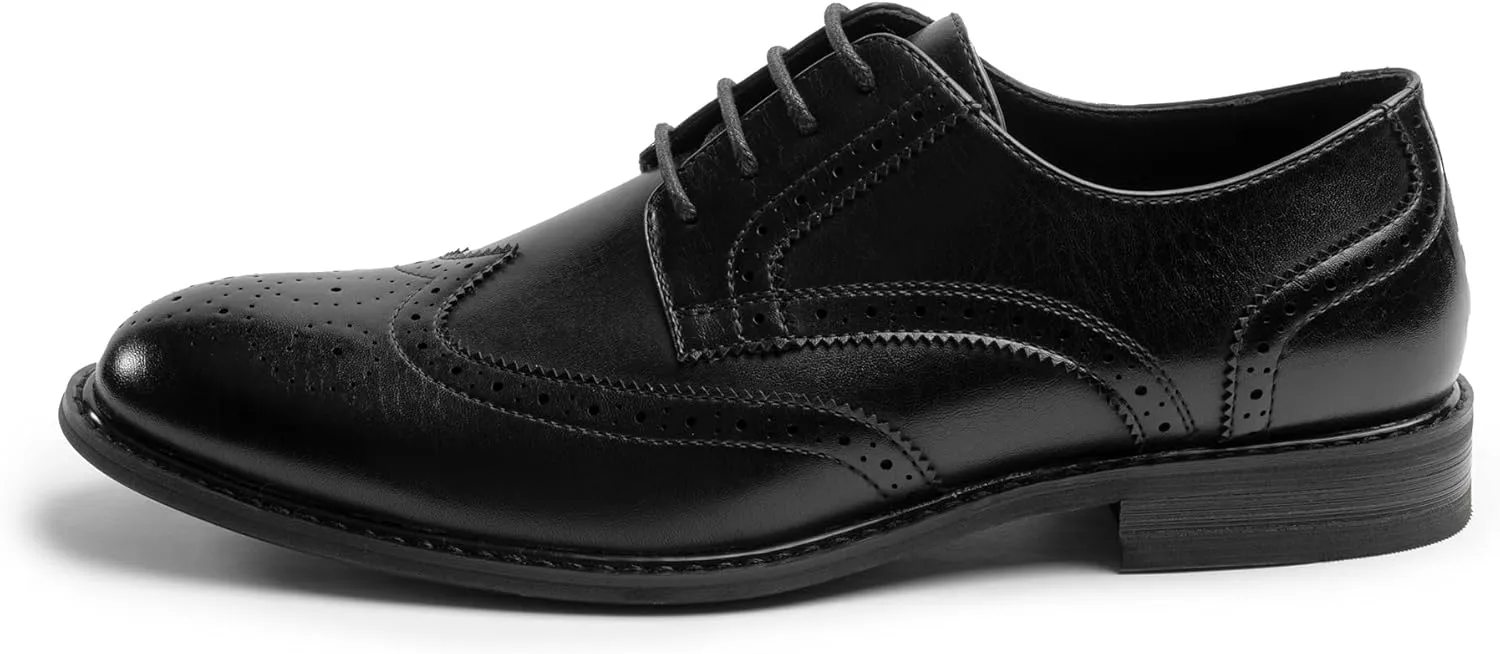 Mens Classic Dress Oxfords, Wingtip Prince Modern Formal Lace Up Shoes, Round Toe, TPR Outsole