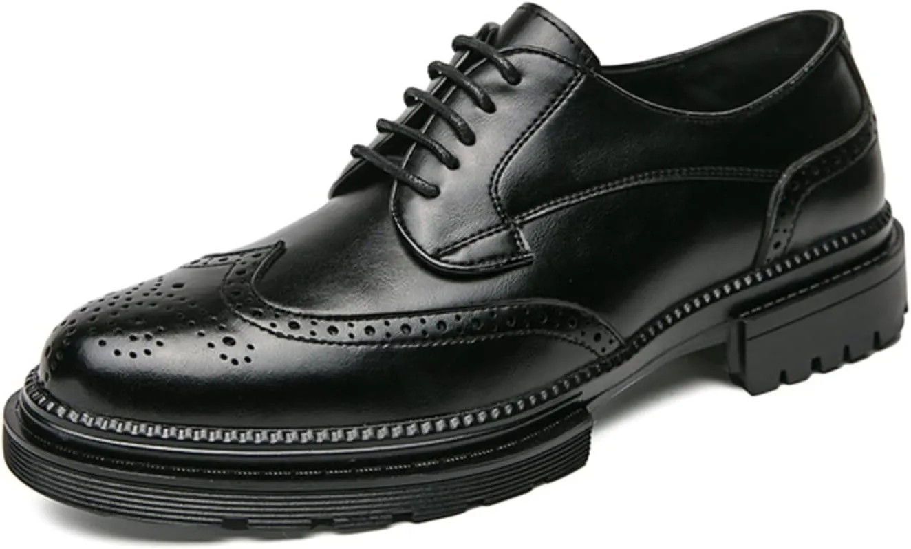 Men's Modern Wingtip Leather Carved Brogue Oxford Shoes Comfortable Round Head Platform Lace Up Height Increasing Dress Shoes for Business Casual Tuxedo Wedding Shoes Groom Shoes