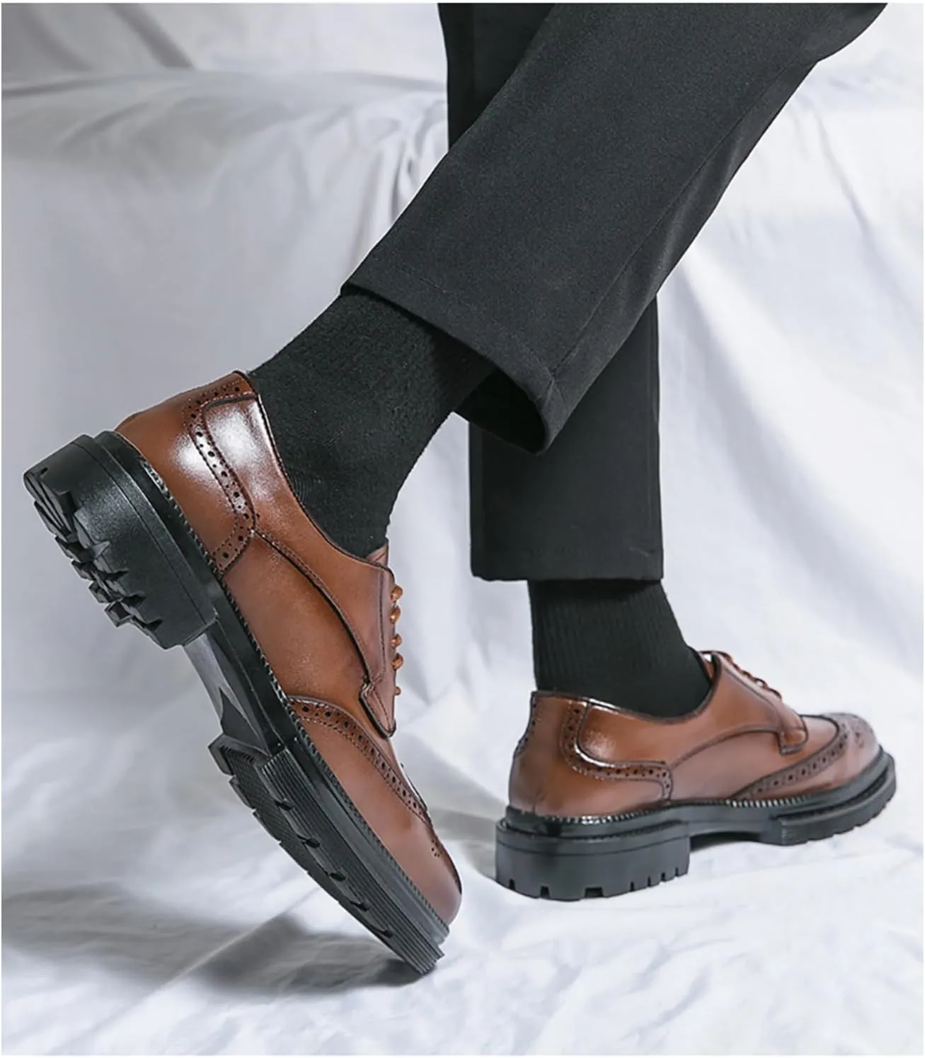 Men's Modern Wingtip Leather Carved Brogue Oxford Shoes Comfortable Round Head Platform Lace Up Height Increasing Dress Shoes for Business Casual Tuxedo Wedding Shoes Groom Shoes