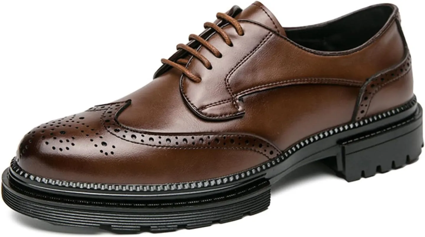 Men's Modern Wingtip Leather Carved Brogue Oxford Shoes Comfortable Round Head Platform Lace Up Height Increasing Dress Shoes for Business Casual Tuxedo Wedding Shoes Groom Shoes