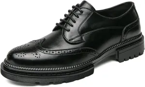Men's Modern Wingtip Leather Carved Brogue Oxford Shoes Comfortable Round Head Platform Lace Up Height Increasing Dress Shoes for Business Casual Tuxedo Wedding Shoes Groom Shoes