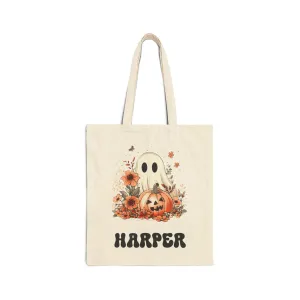 Personalized Ghost with Pumpkin and Flowers Trick or Treat Bag/ Halloween Candy Bag/ Custom Trick or Treat Bag/ Halloween Tote Bag/ Trick or Treat Tote/ Custom Halloween Bag