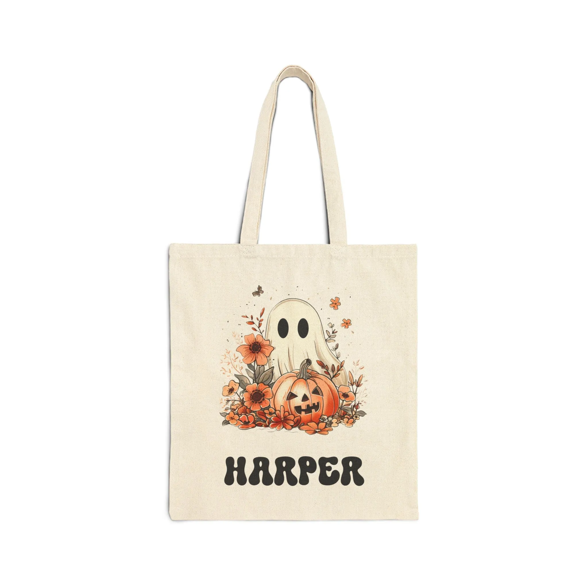 Personalized Ghost with Pumpkin and Flowers Trick or Treat Bag/ Halloween Candy Bag/ Custom Trick or Treat Bag/ Halloween Tote Bag/ Trick or Treat Tote/ Custom Halloween Bag