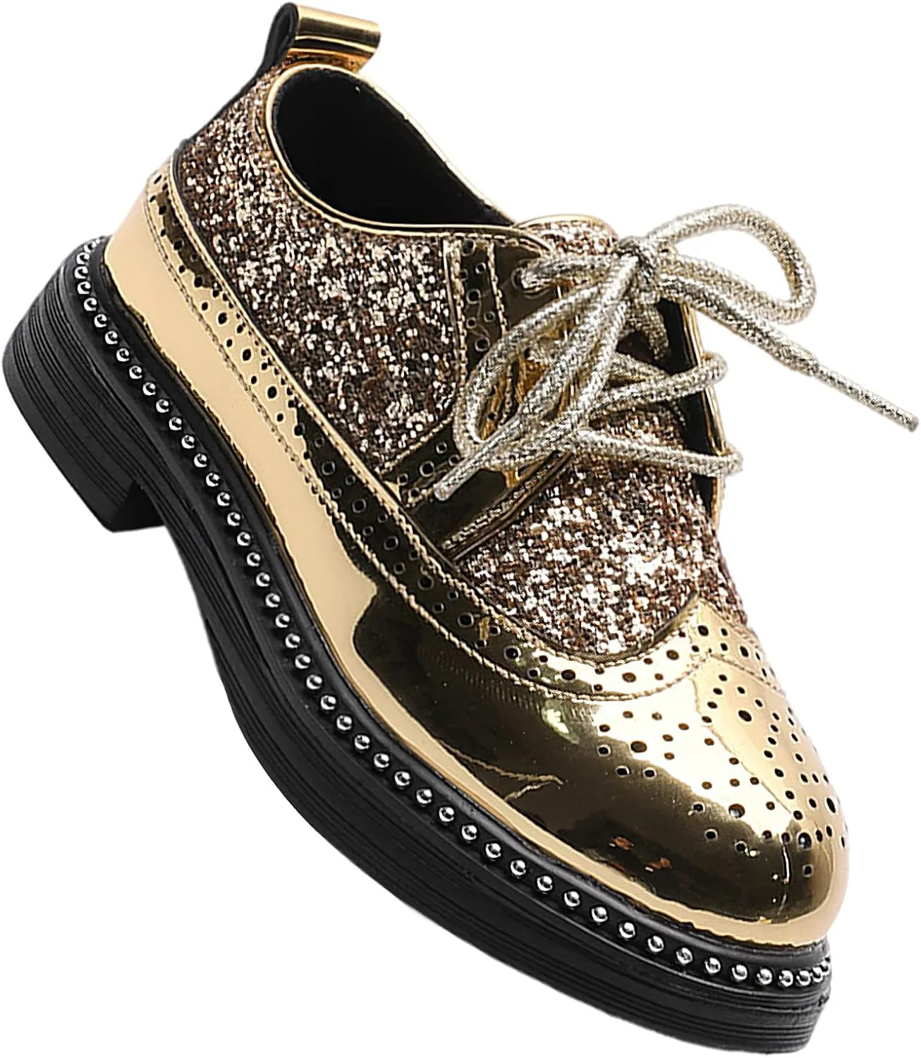 rismart Boys Girls Lace-up Oxfords Brogue Wingtip Shiny Sequin School Uniform Dress Shoes for Wedding Birthday Performance