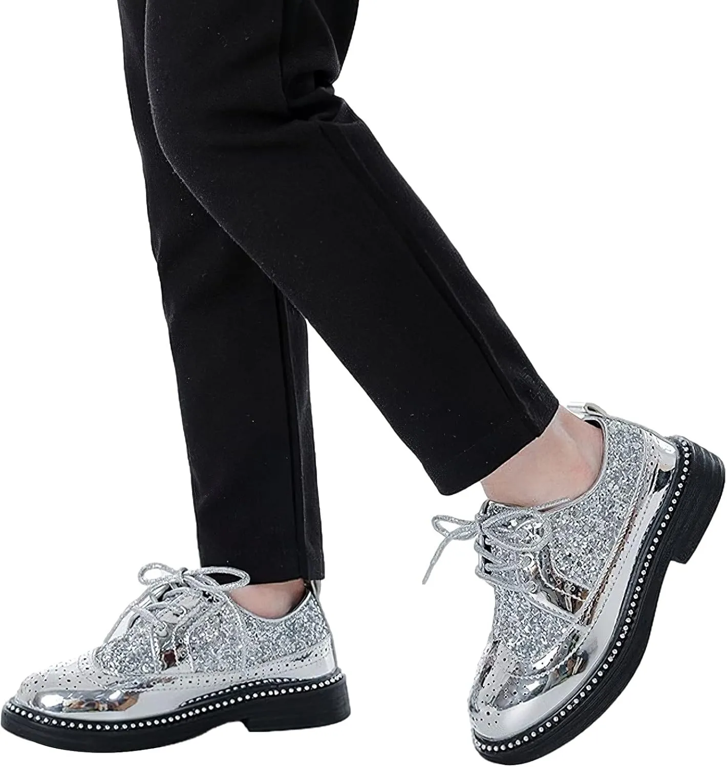 rismart Boys Girls Lace-up Oxfords Brogue Wingtip Shiny Sequin School Uniform Dress Shoes for Wedding Birthday Performance