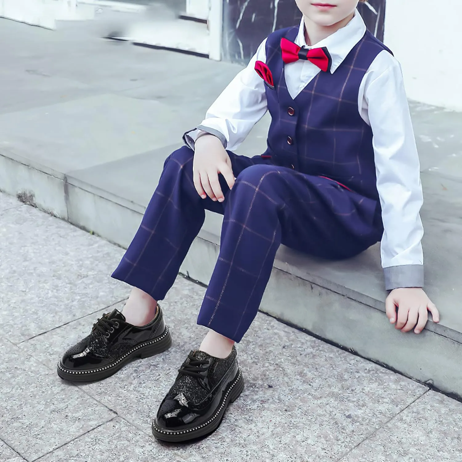 rismart Boys Girls Lace-up Oxfords Brogue Wingtip Shiny Sequin School Uniform Dress Shoes for Wedding Birthday Performance