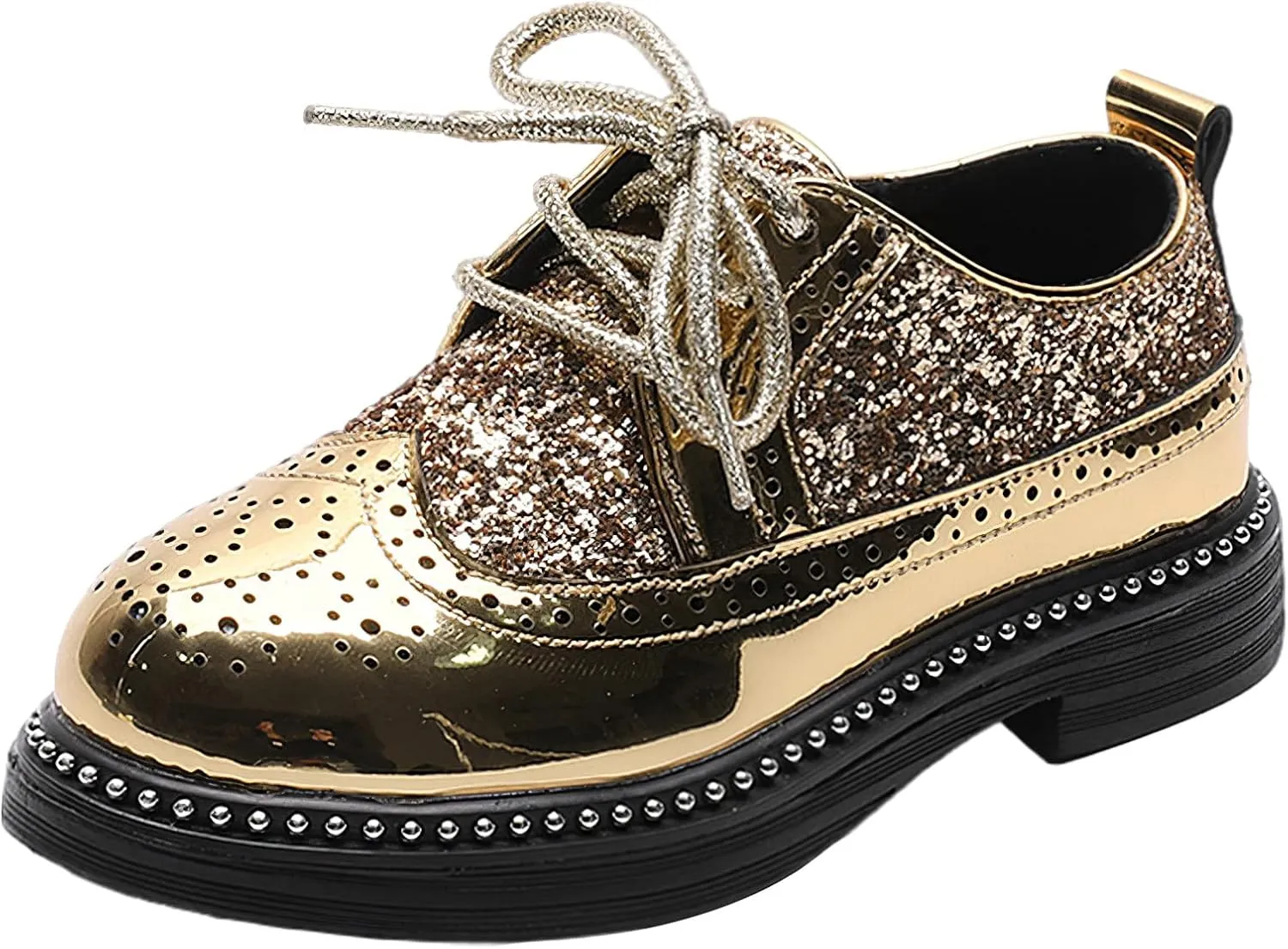 rismart Boys Girls Lace-up Oxfords Brogue Wingtip Shiny Sequin School Uniform Dress Shoes for Wedding Birthday Performance