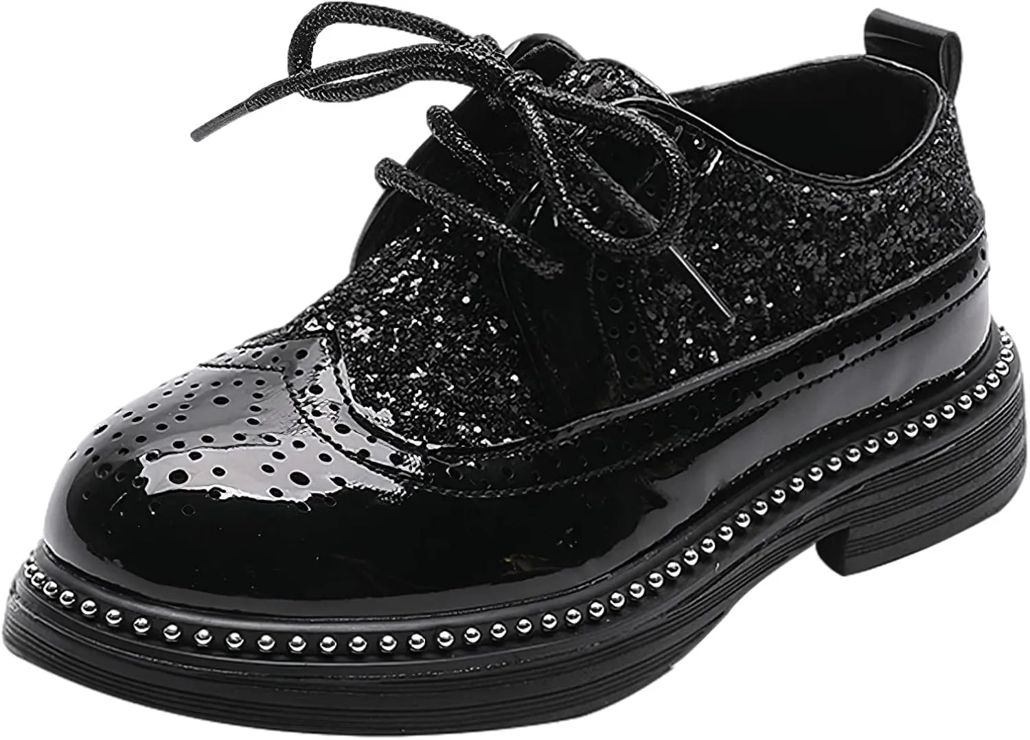 rismart Boys Girls Lace-up Oxfords Brogue Wingtip Shiny Sequin School Uniform Dress Shoes for Wedding Birthday Performance