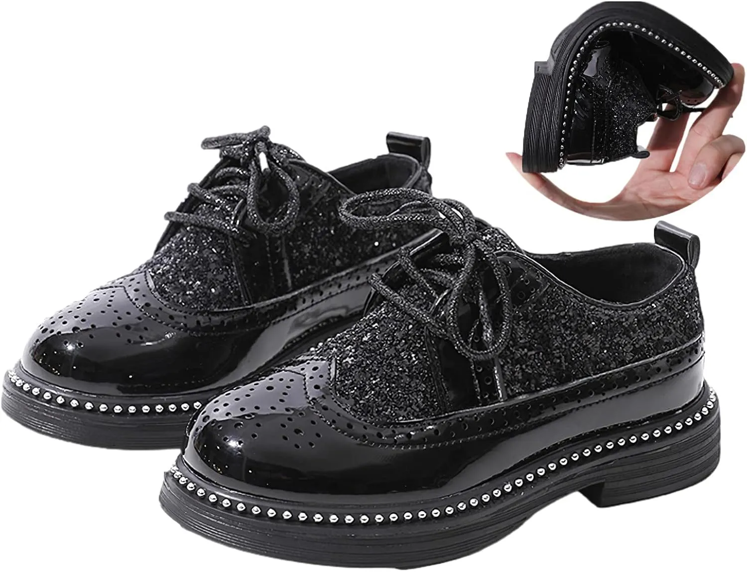 rismart Boys Girls Lace-up Oxfords Brogue Wingtip Shiny Sequin School Uniform Dress Shoes for Wedding Birthday Performance