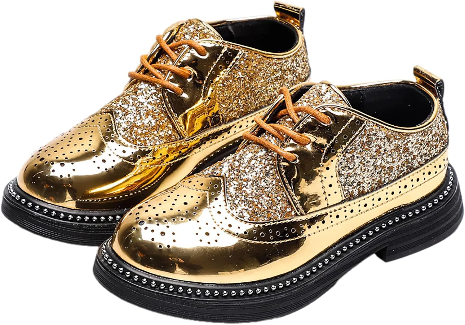 rismart Boys Girls Lace-up Oxfords Brogue Wingtip Shiny Sequin School Uniform Dress Shoes for Wedding Birthday Performance