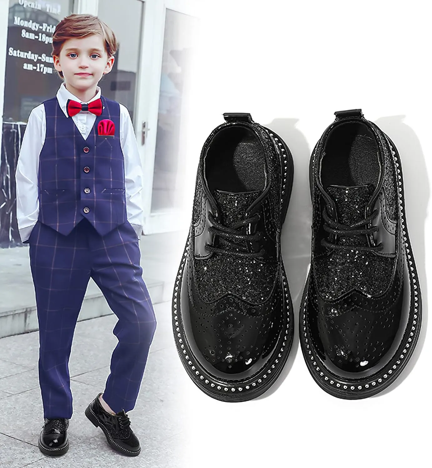 rismart Boys Girls Lace-up Oxfords Brogue Wingtip Shiny Sequin School Uniform Dress Shoes for Wedding Birthday Performance