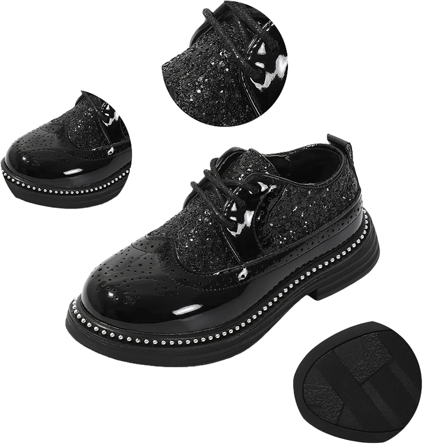 rismart Boys Girls Lace-up Oxfords Brogue Wingtip Shiny Sequin School Uniform Dress Shoes for Wedding Birthday Performance