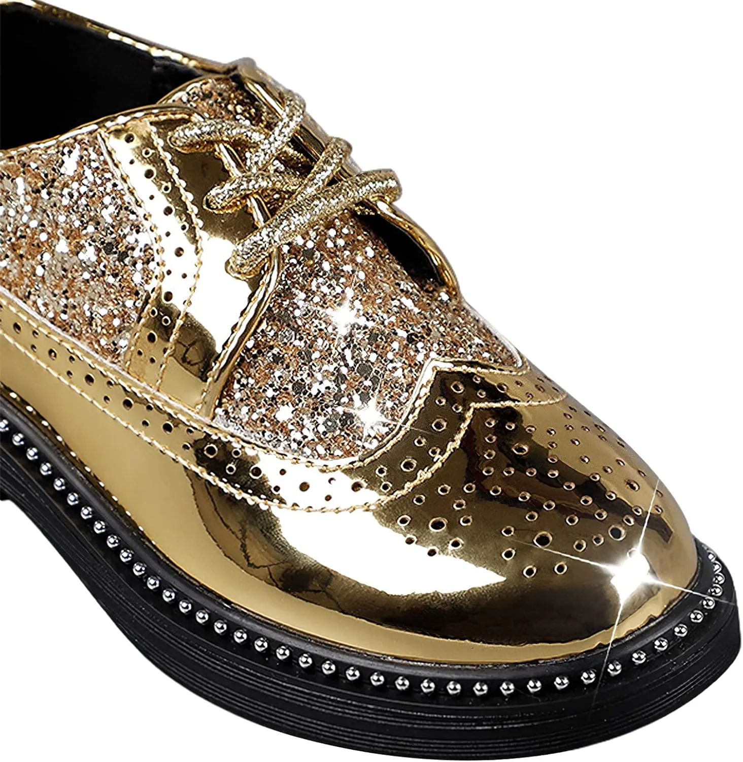rismart Boys Girls Lace-up Oxfords Brogue Wingtip Shiny Sequin School Uniform Dress Shoes for Wedding Birthday Performance