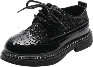 rismart Boys Girls Lace-up Oxfords Brogue Wingtip Shiny Sequin School Uniform Dress Shoes for Wedding Birthday Performance