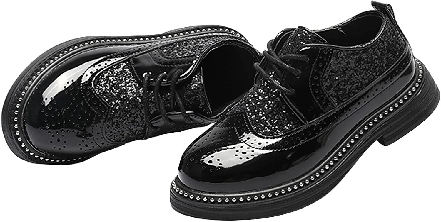rismart Boys Girls Lace-up Oxfords Brogue Wingtip Shiny Sequin School Uniform Dress Shoes for Wedding Birthday Performance