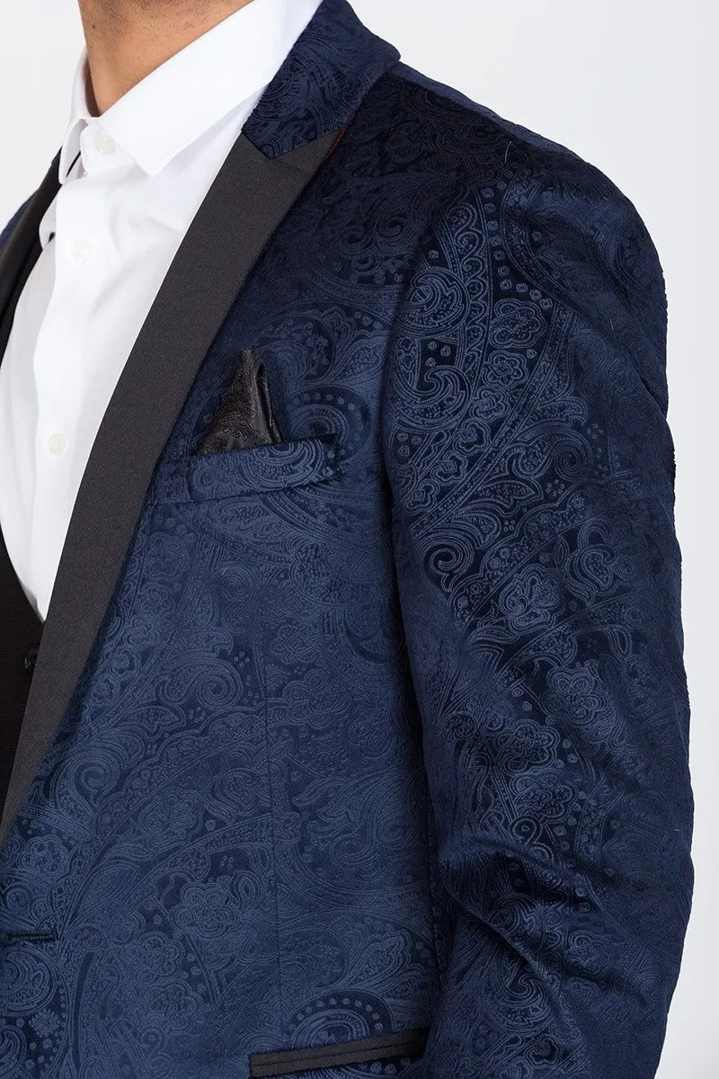Simon Velvet Navy Tux Lapel Jacquard Blazer by Marc Darcy