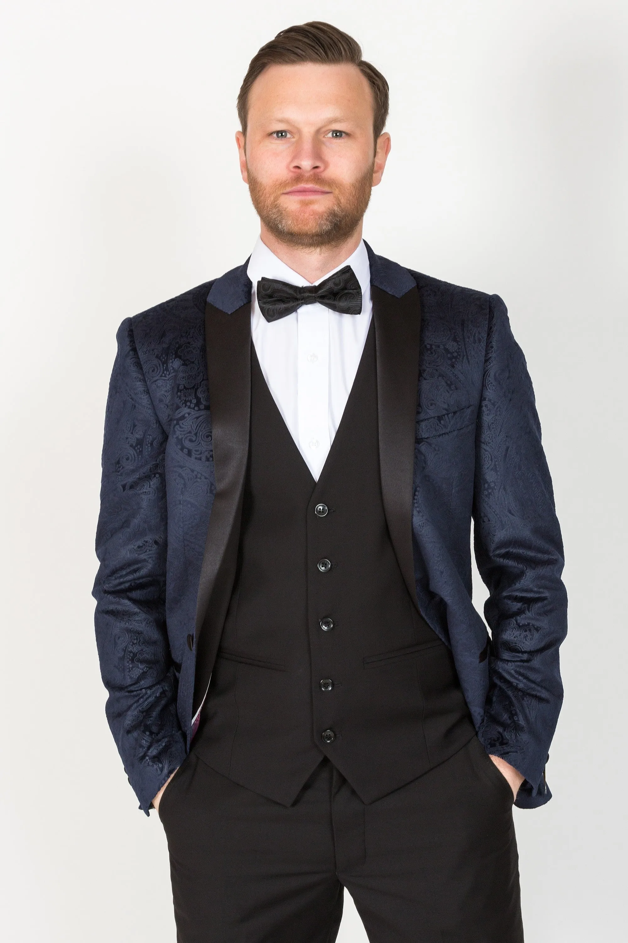 Simon Velvet Navy Tux Lapel Jacquard Blazer by Marc Darcy