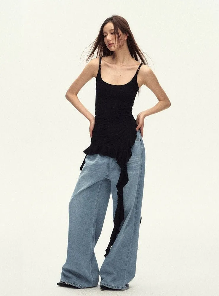 Sleeveless Asymmetric Tank Ruffle Tassel-Detail Dress