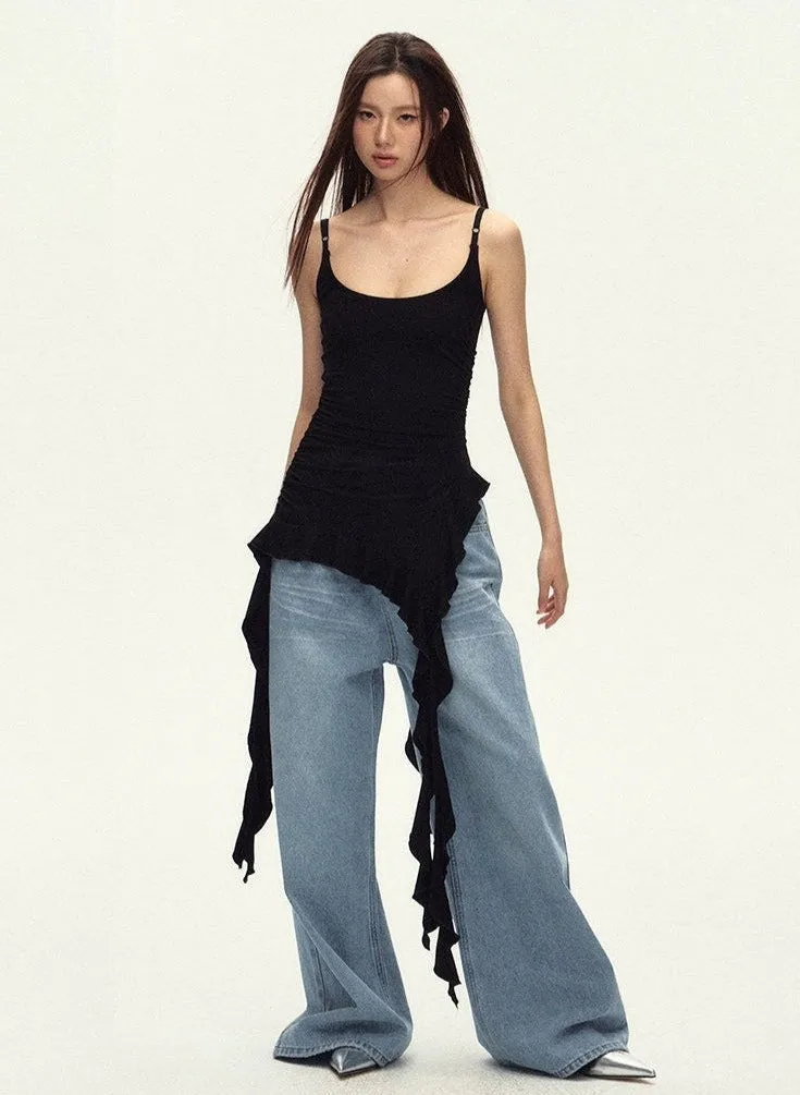 Sleeveless Asymmetric Tank Ruffle Tassel-Detail Dress