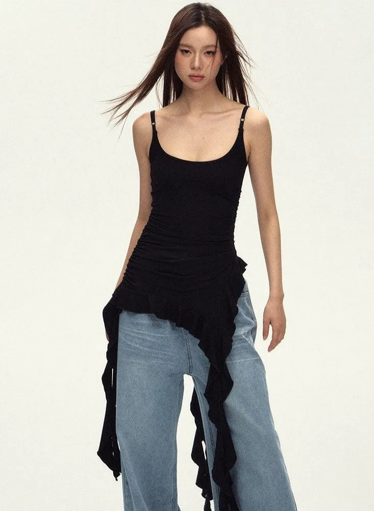 Sleeveless Asymmetric Tank Ruffle Tassel-Detail Dress