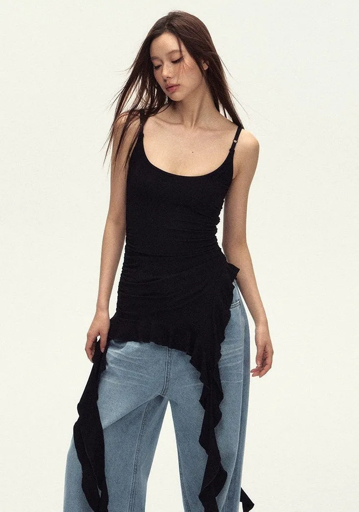 Sleeveless Asymmetric Tank Ruffle Tassel-Detail Dress