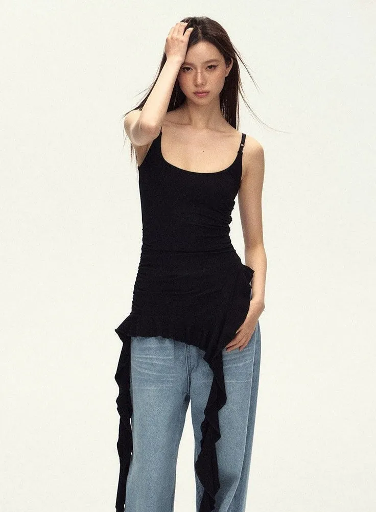 Sleeveless Asymmetric Tank Ruffle Tassel-Detail Dress