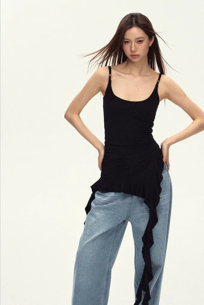 Sleeveless Asymmetric Tank Ruffle Tassel-Detail Dress
