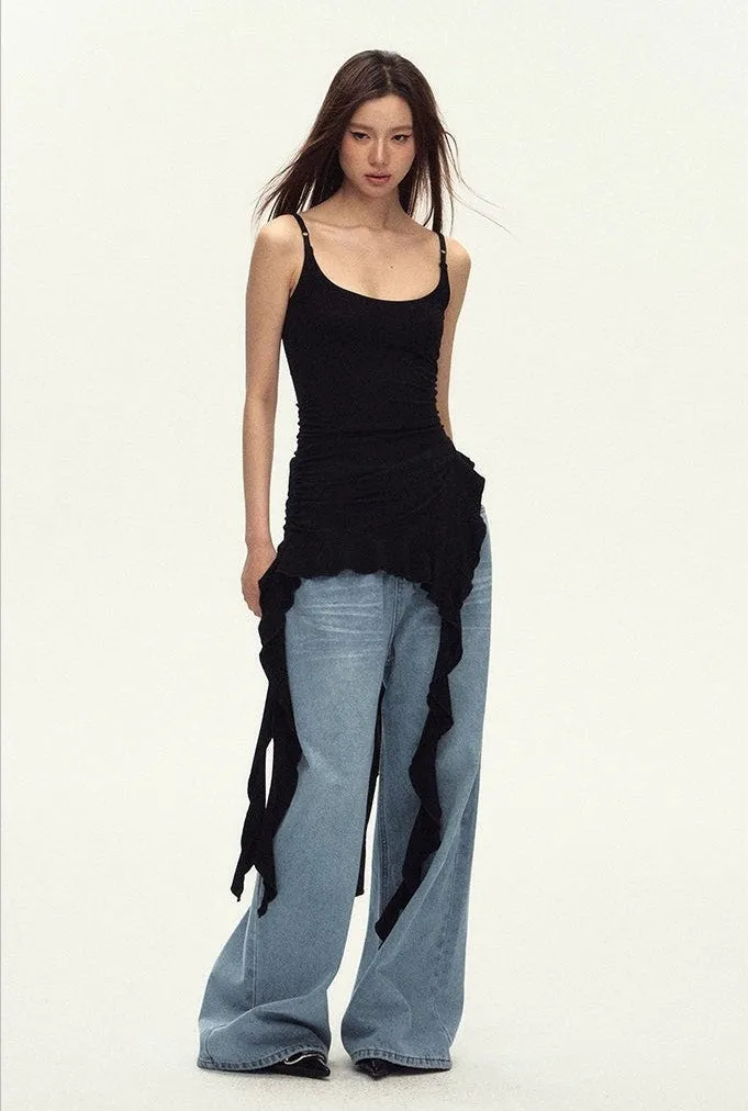 Sleeveless Asymmetric Tank Ruffle Tassel-Detail Dress